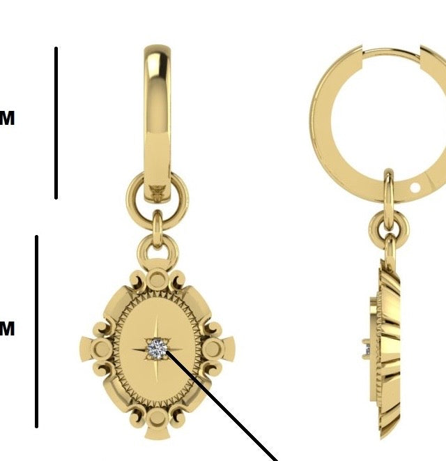 Gold earrings with intricate designs on a white background